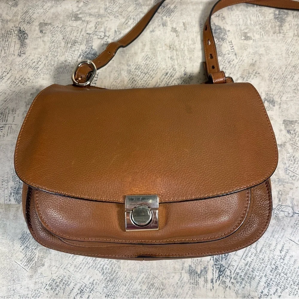 Massimo Dutti Genuine Brown Leather Saddle Crossbody Bag Flap Shoulder Purse